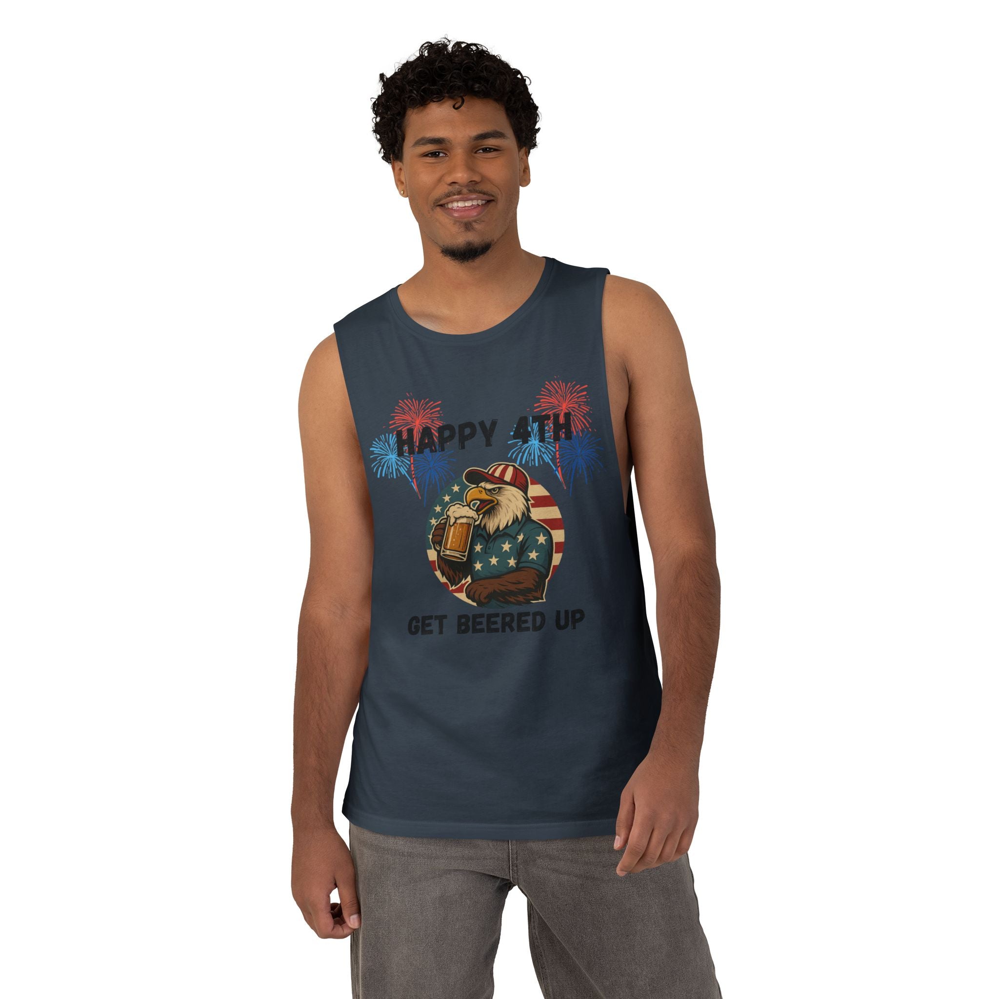 4th of July Tank Top — "Happy 4th Get Beered Up" Patriotic Eagle Beer Muscle Tee