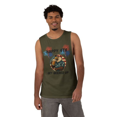 4th of July Tank Top — "Happy 4th Get Beered Up" Patriotic Eagle Beer Muscle Tee