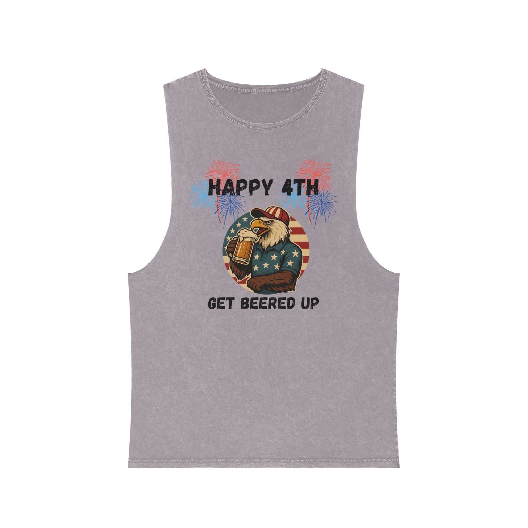 4th of July Beer Tank Top — "Happy 4th Get Beered Up" Patriotic Eagle Stonewash Tank