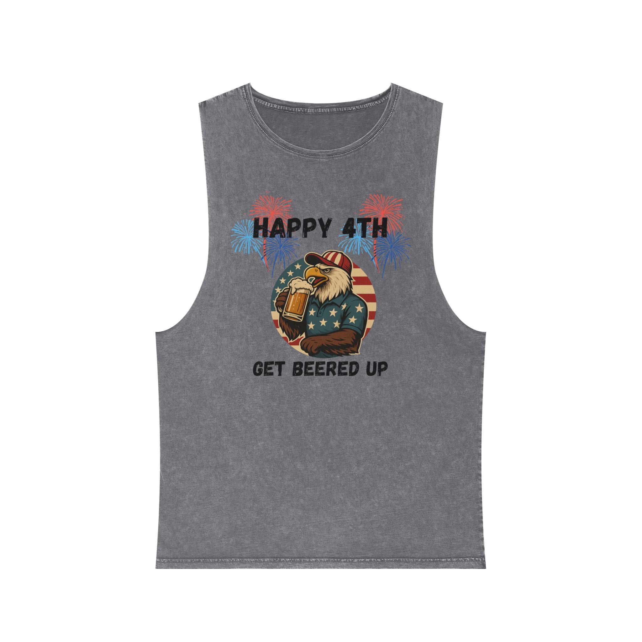 4th of July Beer Tank Top — "Happy 4th Get Beered Up" Patriotic Eagle Stonewash Tank