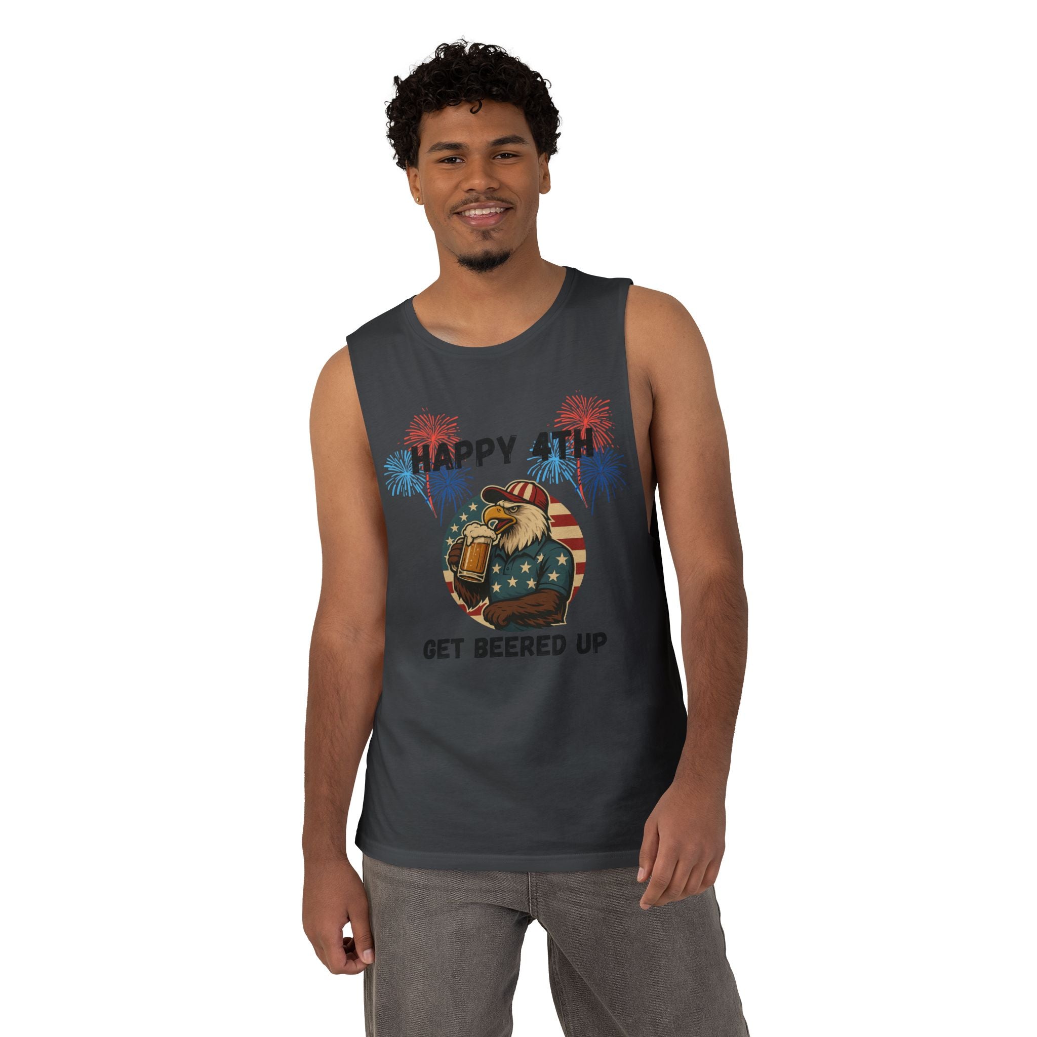 4th of July Tank Top — "Happy 4th Get Beered Up" Patriotic Eagle Beer Muscle Tee