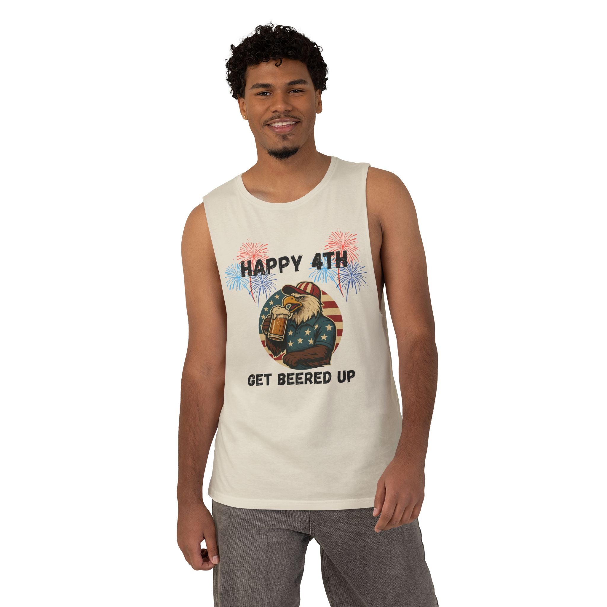 4th of July Tank Top — "Happy 4th Get Beered Up" Patriotic Eagle Beer Muscle Tee
