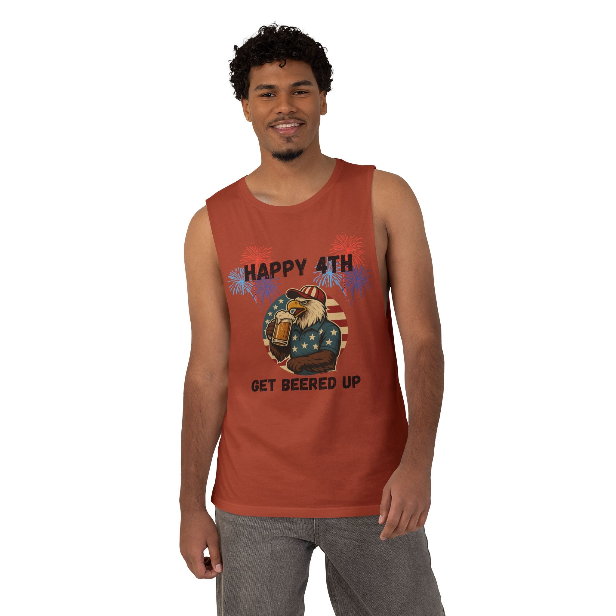 4th of July Tank Top — "Happy 4th Get Beered Up" Patriotic Eagle Beer Muscle Tee