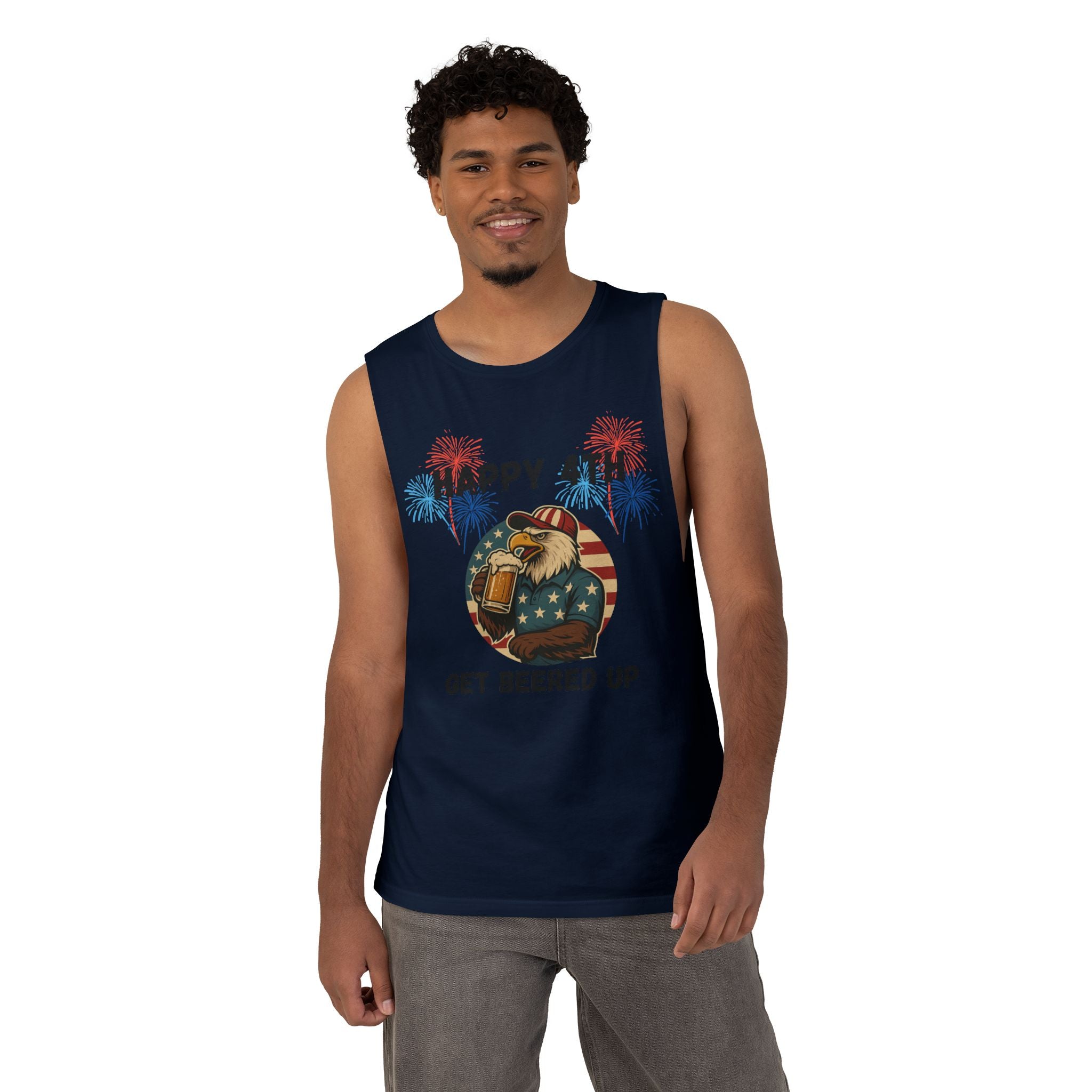 4th of July Tank Top — "Happy 4th Get Beered Up" Patriotic Eagle Beer Muscle Tee