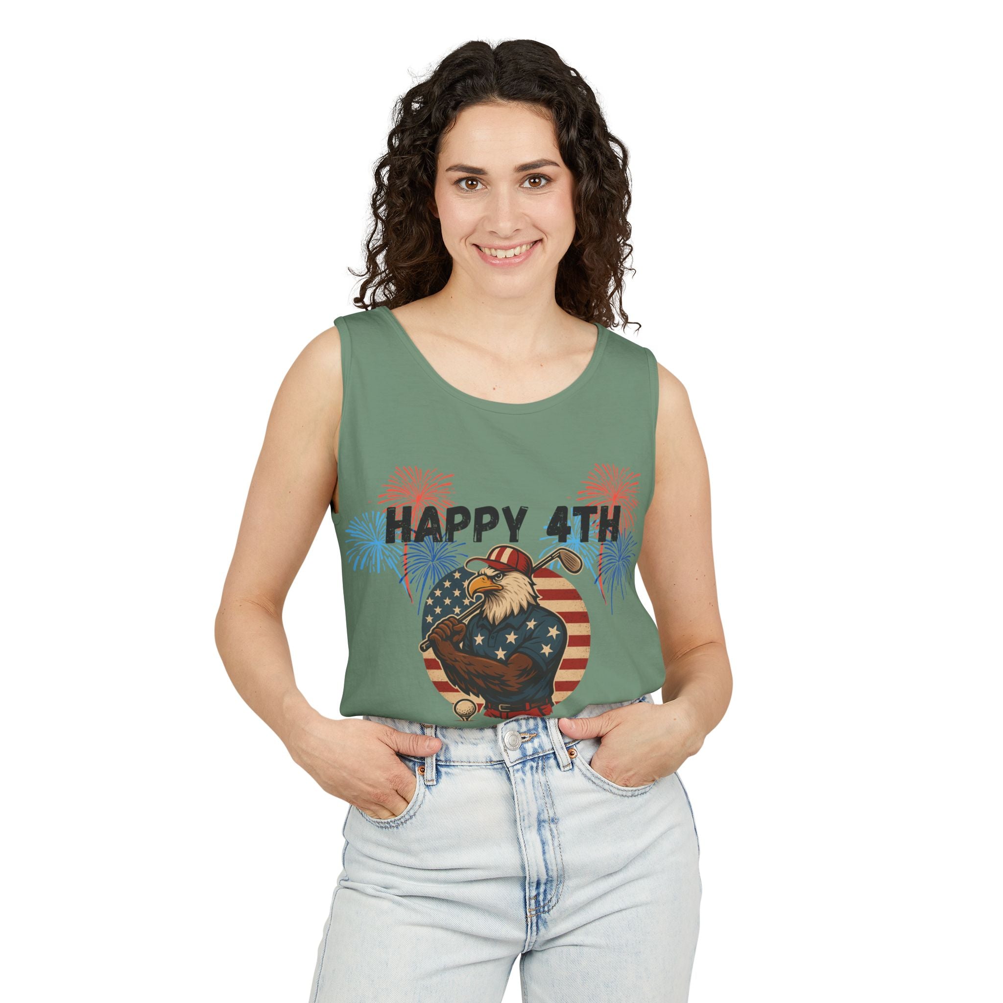 4th of July Golf Tank Top - "Happy 4th Let's Golf" Patriotic Gnome Tank