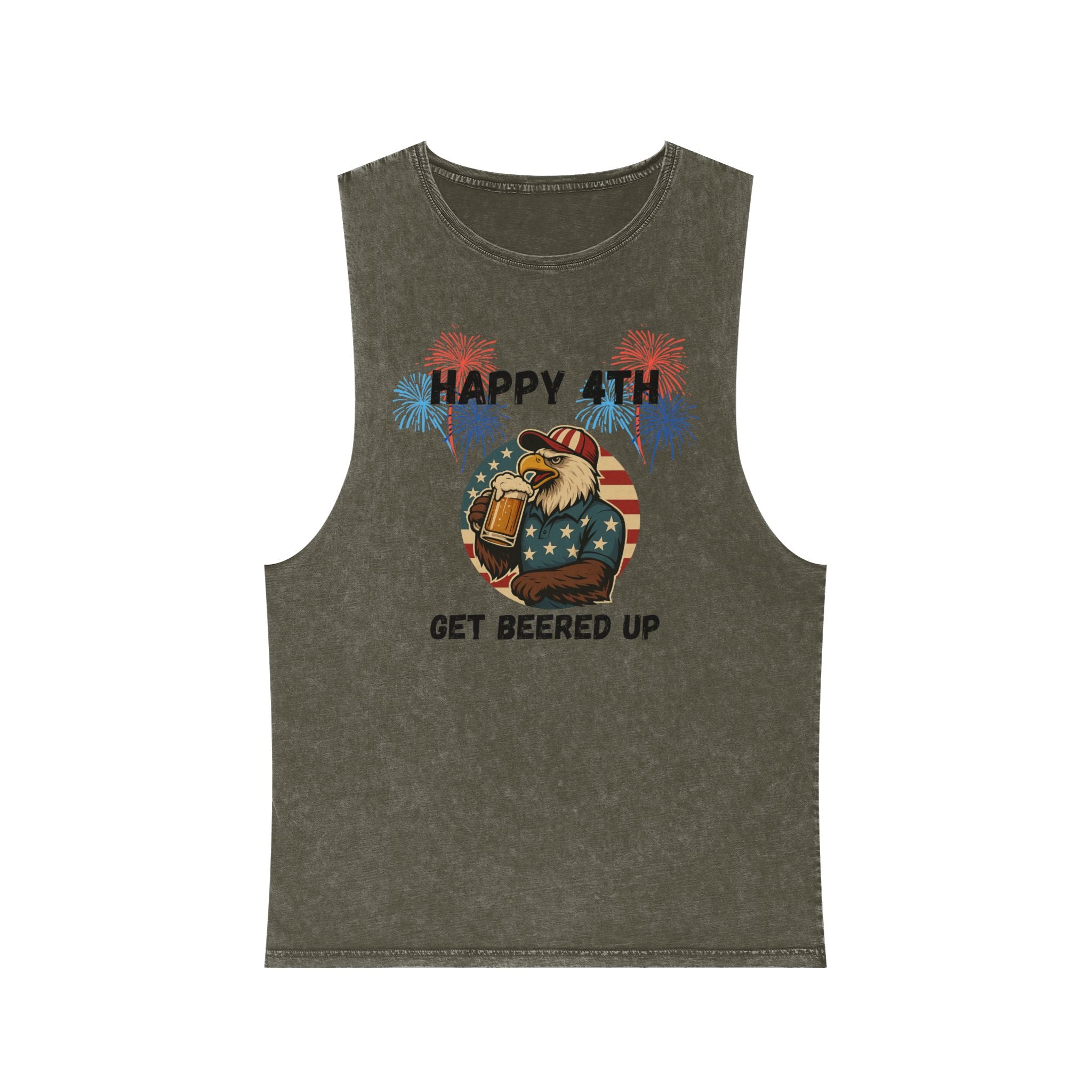 4th of July Beer Tank Top — "Happy 4th Get Beered Up" Patriotic Eagle Stonewash Tank
