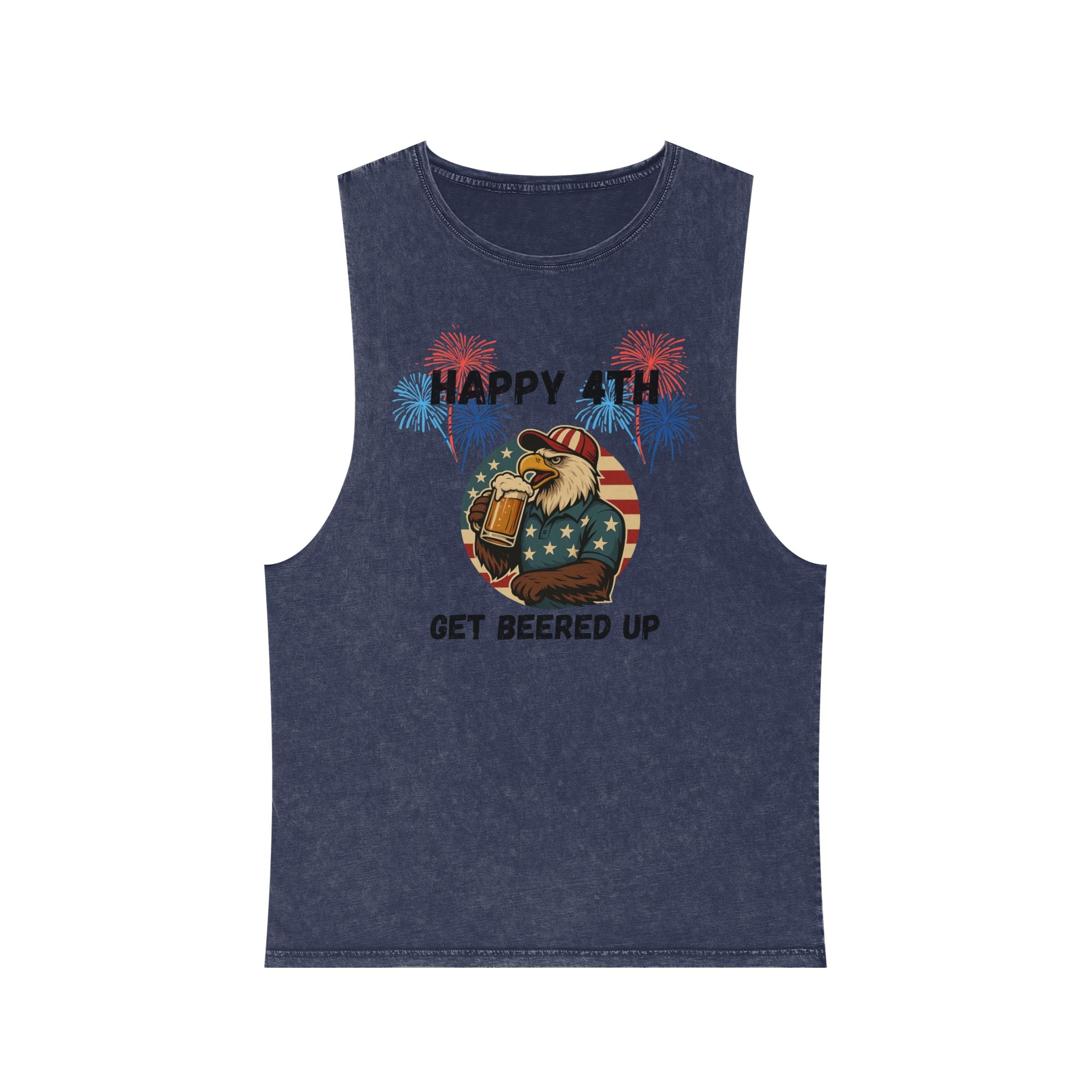 4th of July Beer Tank Top — "Happy 4th Get Beered Up" Patriotic Eagle Stonewash Tank