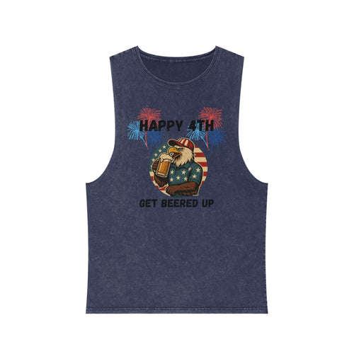 4th of July Beer Tank Top — "Happy 4th Get Beered Up" Patriotic Eagle Stonewash Tank