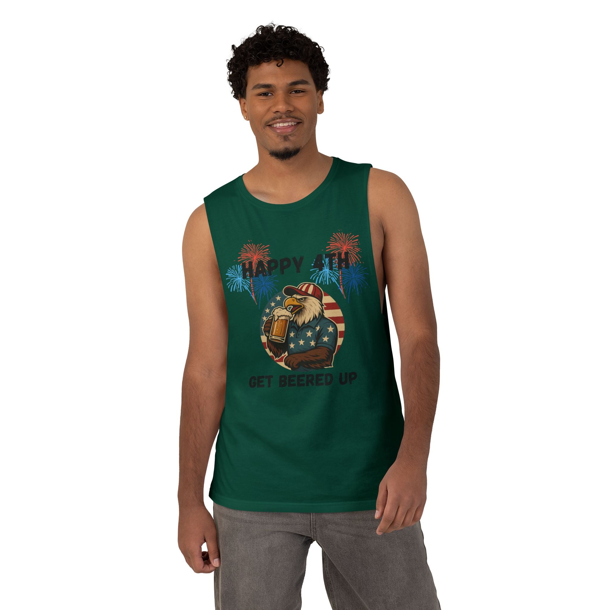 4th of July Tank Top — "Happy 4th Get Beered Up" Patriotic Eagle Beer Muscle Tee